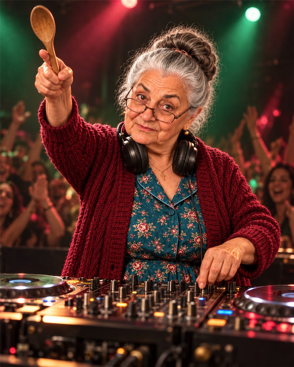 Nonna Rosa takes over a DJ booth, wooden spoon raised above the crowd.