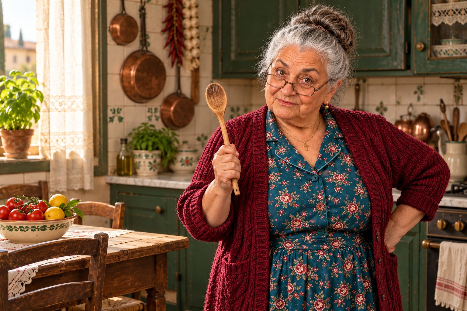 Nonna Rosa in her warm Italian kitchen, holding a wooden spoon with a knowing look.
